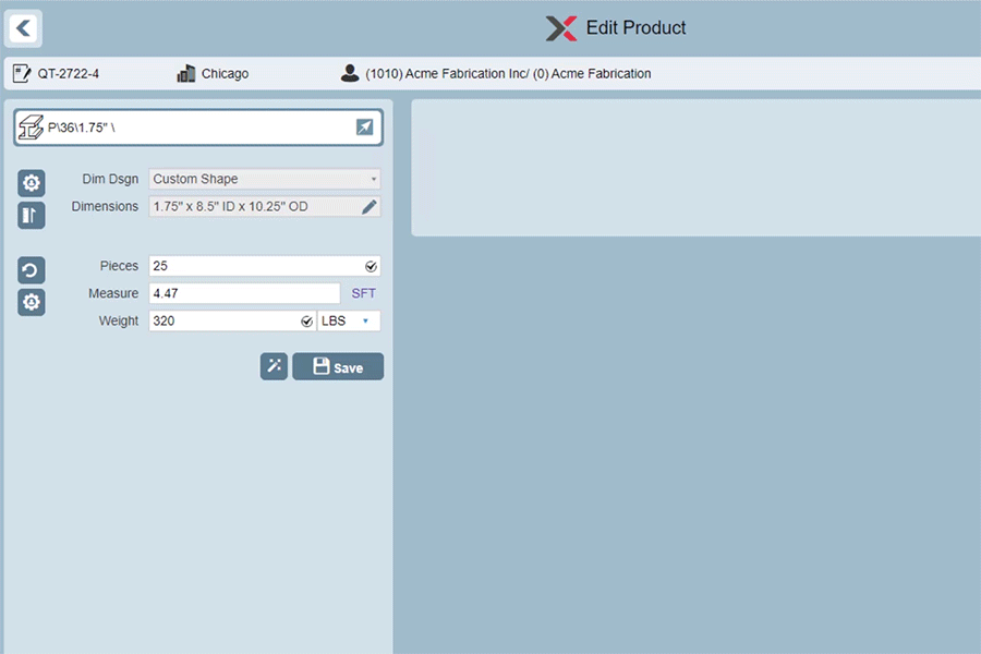 A gif image shows an INVEX user editing the dimensions of a custom shape while placing a quote.