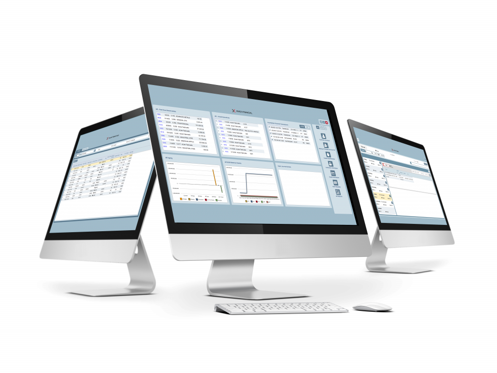 The INVEX-Financials module is shown on three monitor screens.