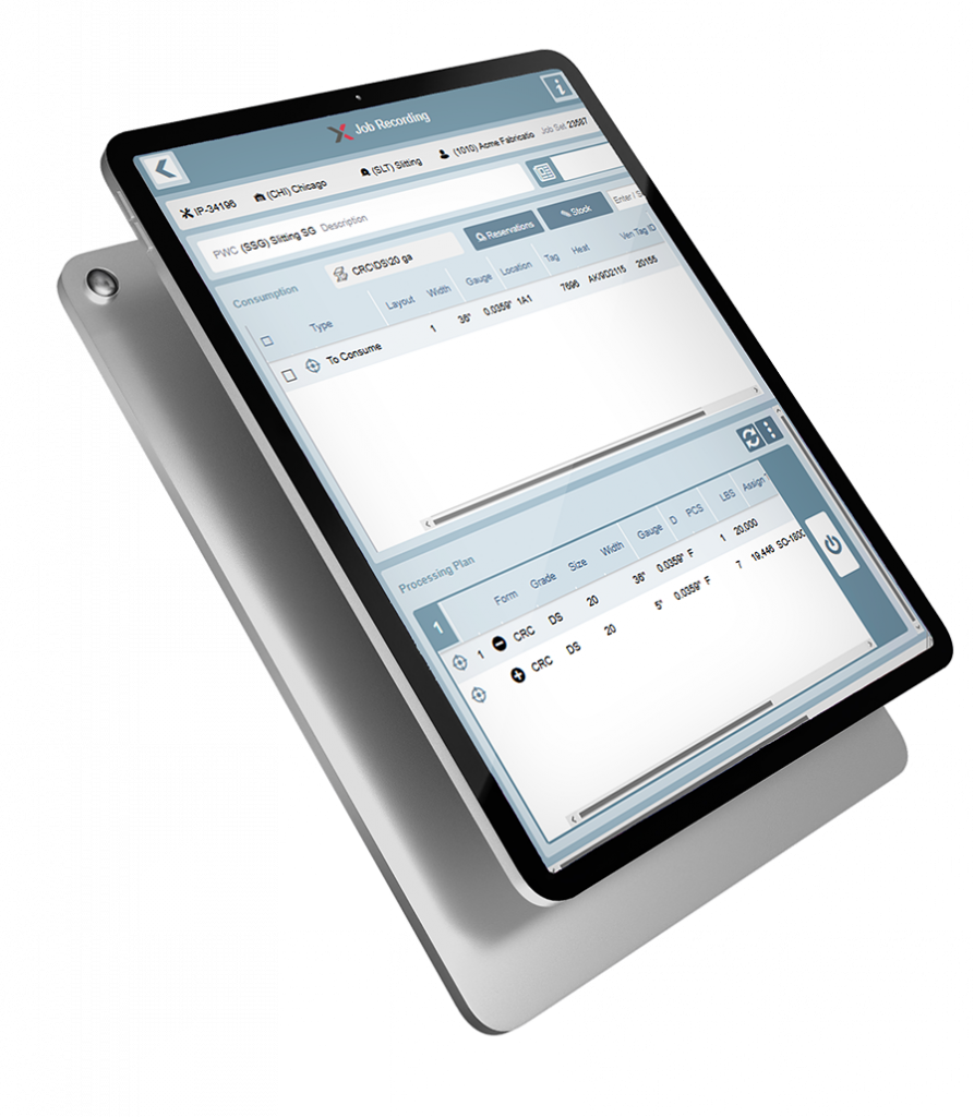 sheet metal erp software A job recording screen in INVEX is shown on a tablet device. 